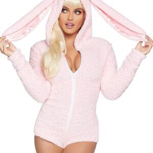 Pink Cuddle Bunny plush romper Women's Costume with ear hood and attached tail